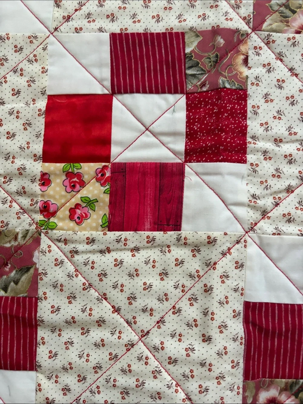 Handmade Red and Cream Patchwork Quilt - Floral Nine-Patch Design